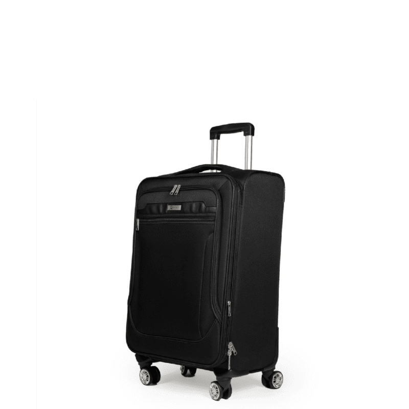 Βαλίτσα καμπίνας με διπλά ροδάκια , tsa lock από υφασμάτινο υλικό σε μαύρο χρώμα , επεκτάσιμη .