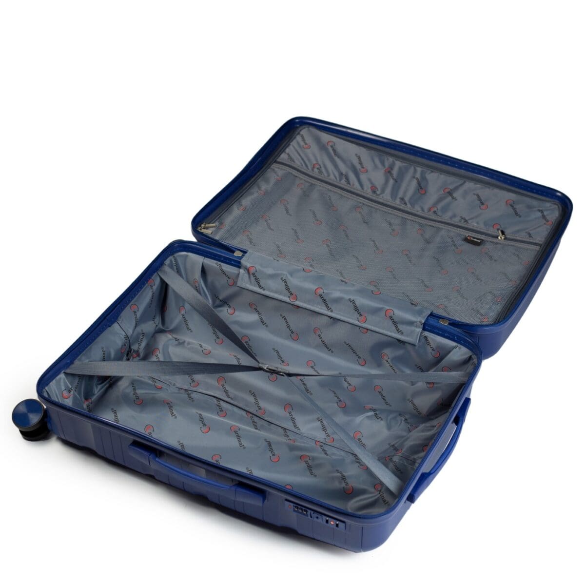 Εσωτερικό βαλίτσας μπλε με διαχωριστικό για τα ρούχα και τσέπη με φερμουάρ