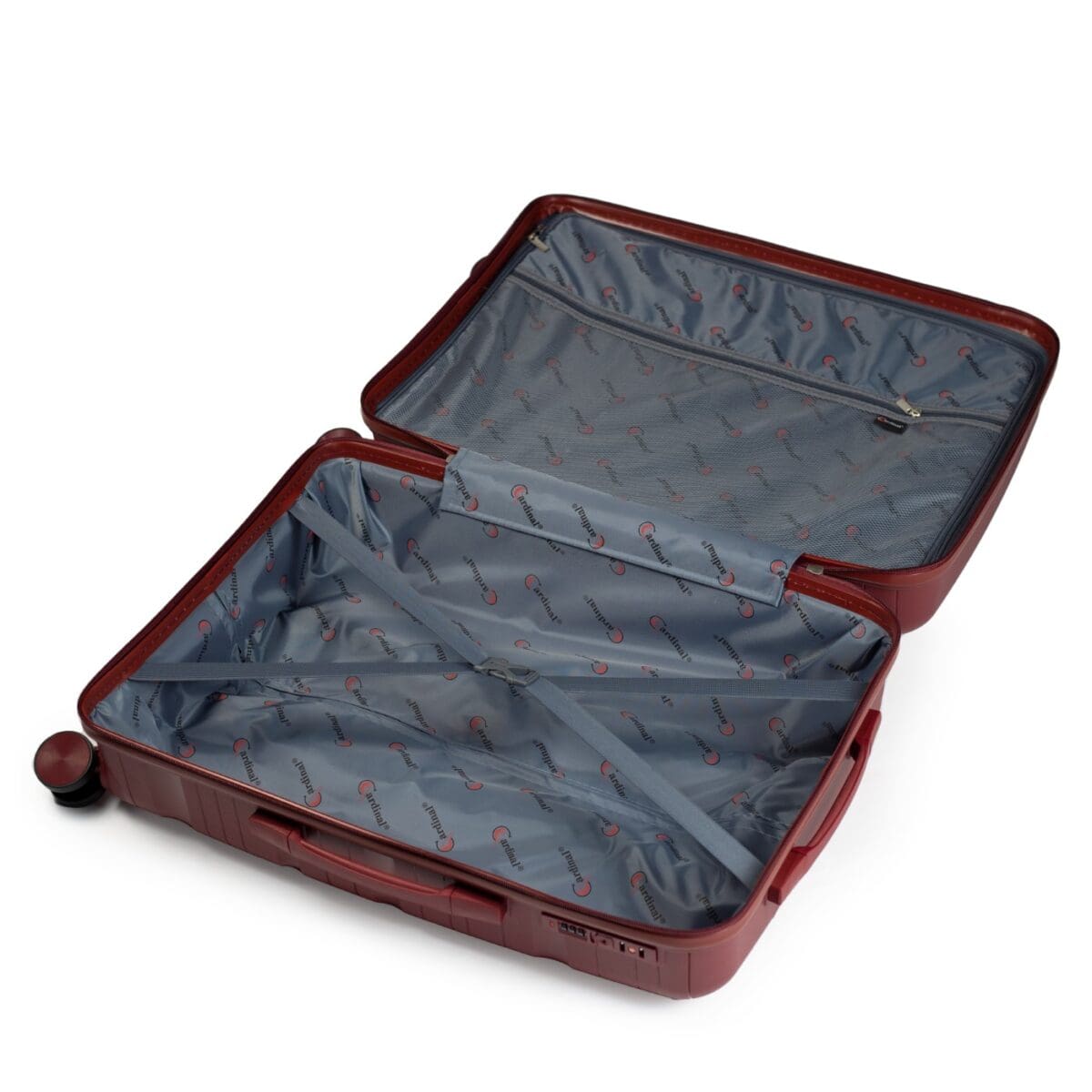 Εσωτερικό βαλίτσας μπορντό με διαχωριστικό για τα ρούχα και τσέπη με φερμουάρ
