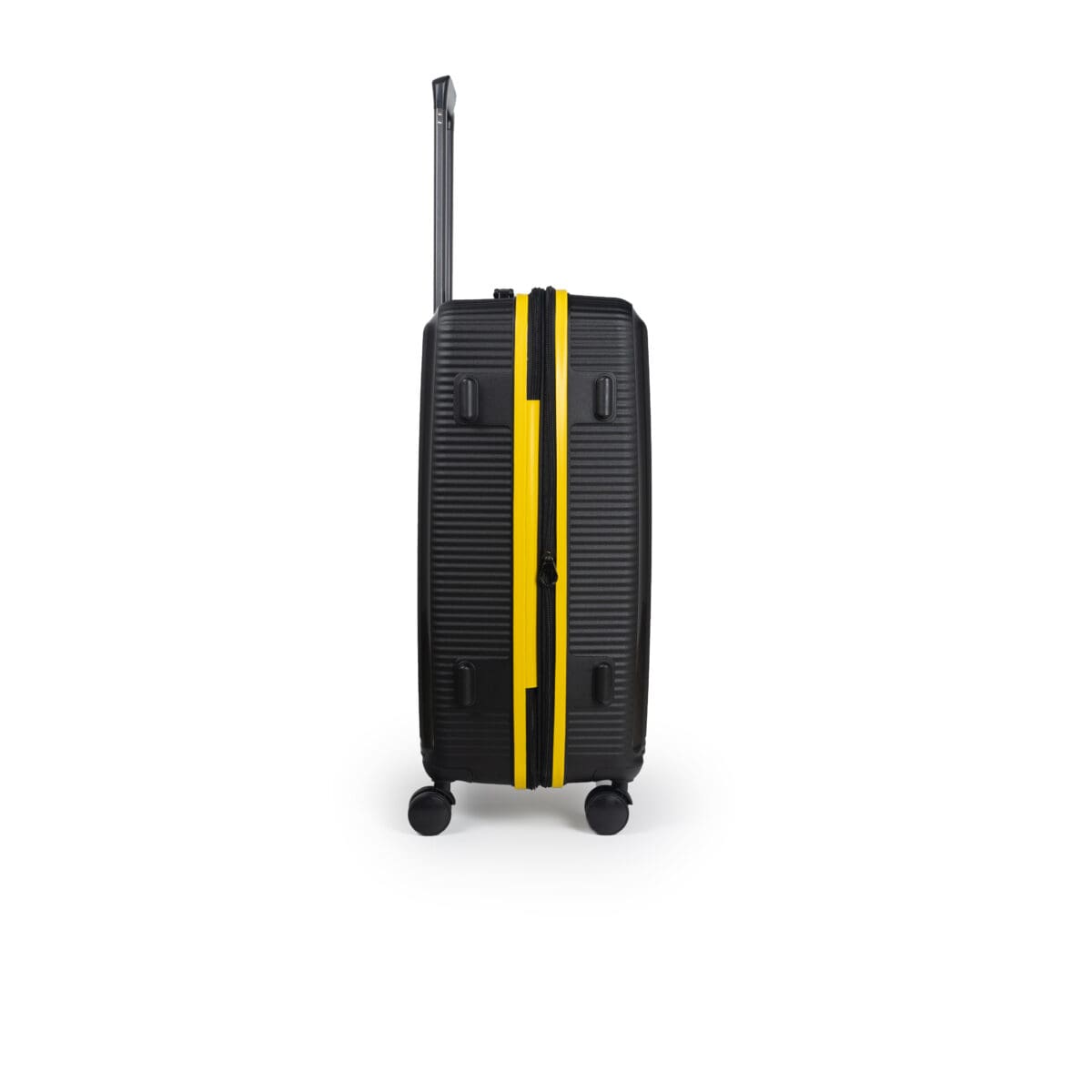 Δεξιά πλευρά βαλίτσας μεσαία με tsa lock διπλά ροδάκια από πολυπροπυλένιο άθραυστο υλικό και επέκταση σε μαύρο χρώμα με κίτρινες λωρίδες .