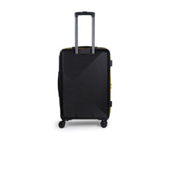 Πίσω πλευρά βαλίτσας μεσαία , μεγάλη με tsa lock διπλά ροδάκια από πολυπροπυλένιο άθραυστο υλικό και επέκταση σε μαύρο χρώμα με κίτρινες λωρίδες .
