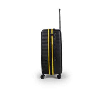 Βαλίτσα μεσαία , μεγάλη με tsa lock διπλά ροδάκια από πολυπροπυλένιο άθραυστο υλικό και επέκταση σε μαύρο χρώμα με κίτρινες λωρίδες .