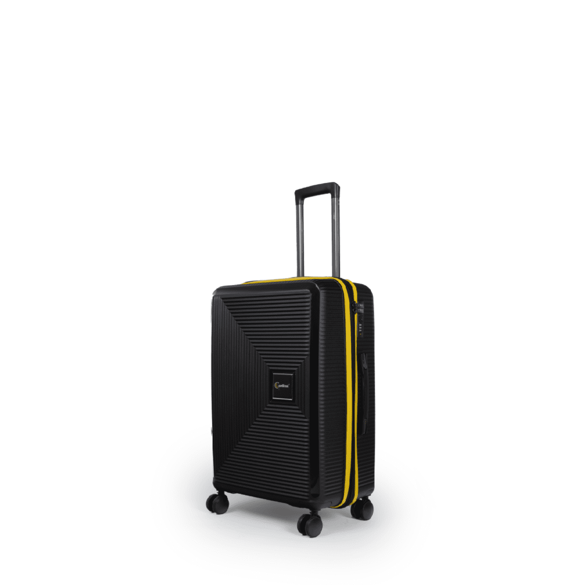 Βαλίτσα χειραποσκευή (καμπίνας) με tsa lock διπλά ροδάκια από πολυπροπυλένιο άθραυστο υλικό σε μαύρο χρώμα με κίτρινες λωρίδες .