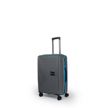 Βαλίτσα χειραποσκευή με tsa lock διπλά ροδάκια από πολυπροπυλένιο άθραυστο υλικό σε γκρί χρώμα με γαλάζιες λωρίδες .