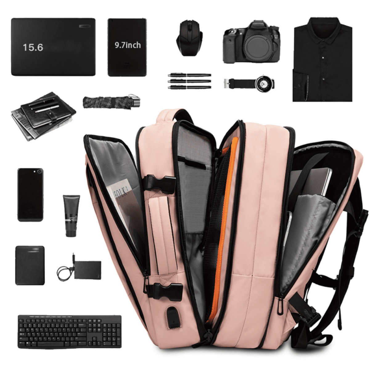 1. Ένα ροζ σακίδιο με φορητό υπολογιστή, κάμερα και άλλα αντικείμενα. 2. Ροζ σακίδιο πλάτης με laptop, κάμερα, και διάφορα αντικείμενα. 3. Εικόνα ενός ροζ σακιδίου που περιέχει φορητό υπολογιστή, κάμερα και άλλα αντικείμενα.
