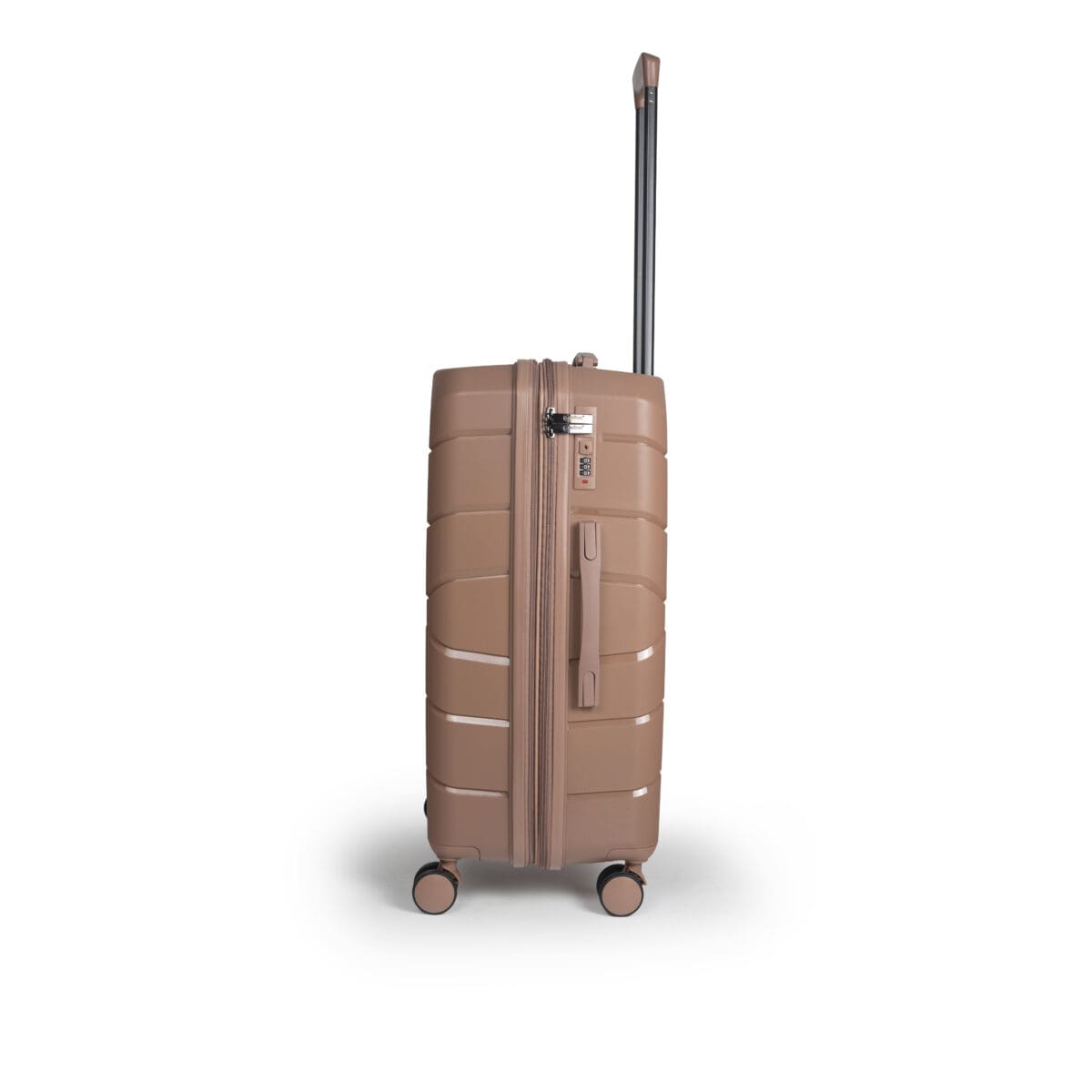 Αριστερή πλευρά βαλίτσας μεσαία με tsa lock διπλά ροδάκια από πολυπροπυλένιο άθραυστο υλικό και επέκταση σε ροζ χρώμα