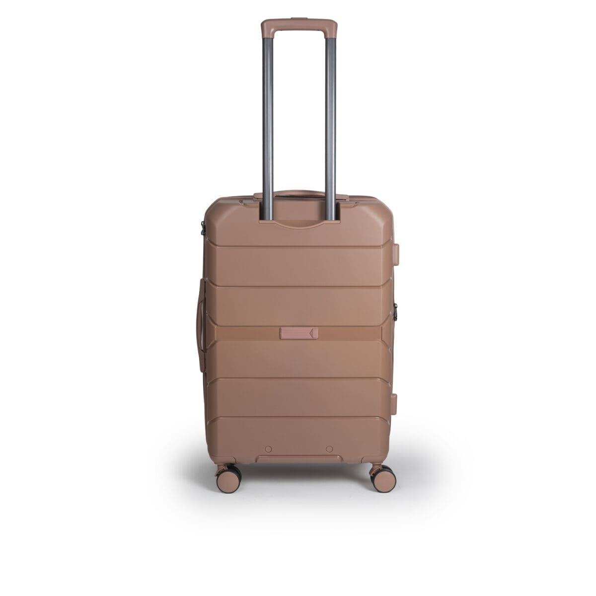 Πίσω πλευρά βαλίτσας μεσαία με tsa lock διπλά ροδάκια από πολυπροπυλένιο άθραυστο υλικό και επέκταση σε ροζ χρώμα