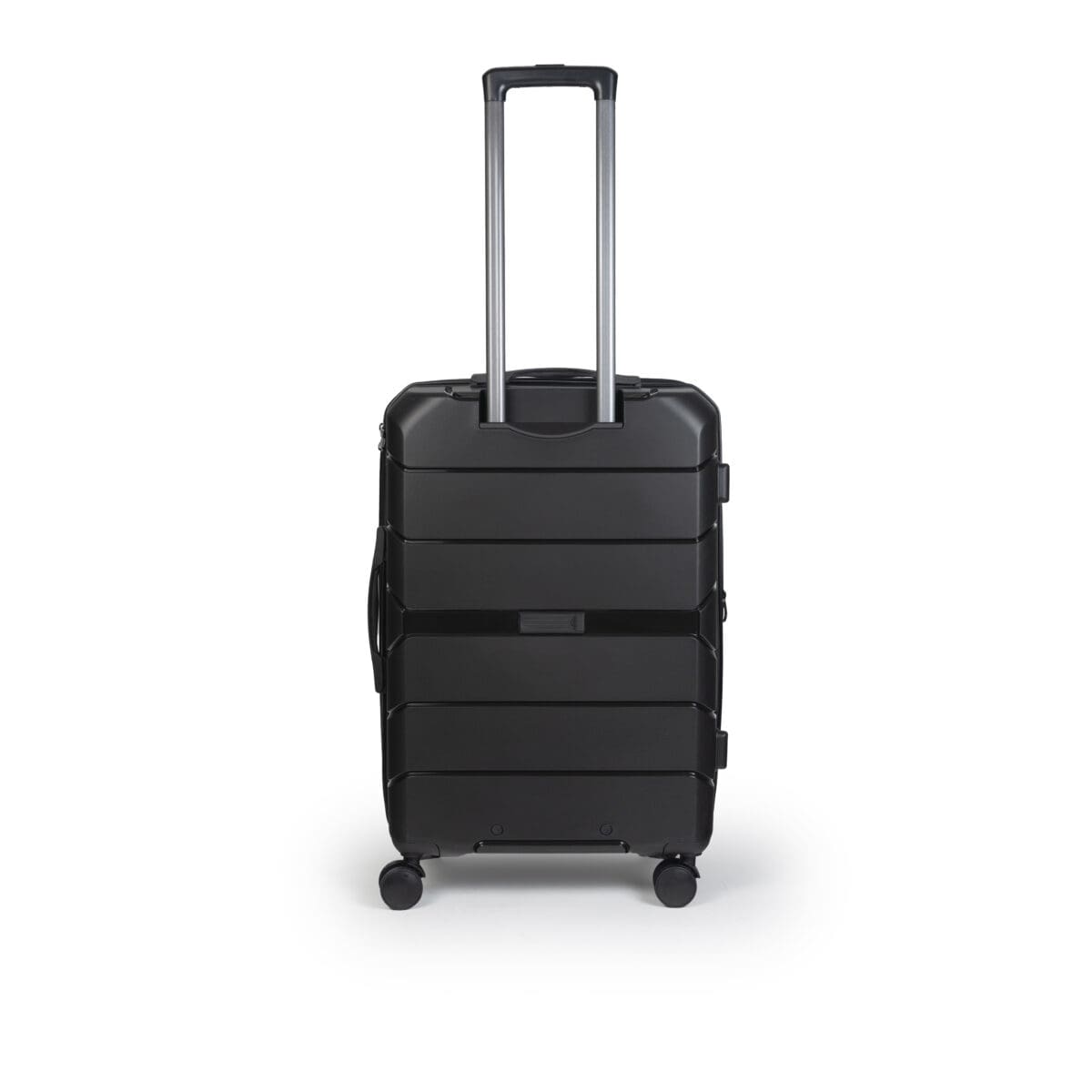 Πίσω πλευρά βαλίτσα μεσαία με tsa lock διπλά ροδάκια από πολυπροπυλένιο άθραυστο υλικό και επέκταση σε μαύρο χρώμα