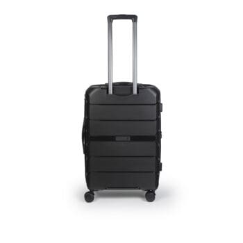 Πίσω πλευρά βαλίτσα μεσαία με tsa lock διπλά ροδάκια από πολυπροπυλένιο άθραυστο υλικό και επέκταση σε μαύρο χρώμα