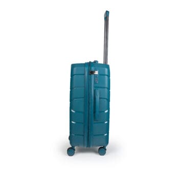 Αριστερή πλευρά βαλίτσας μεσαία με tsa lock διπλά ροδάκια από πολυπροπυλένιο άθραυστο υλικό και επέκταση σε πετρόλ χρώμα