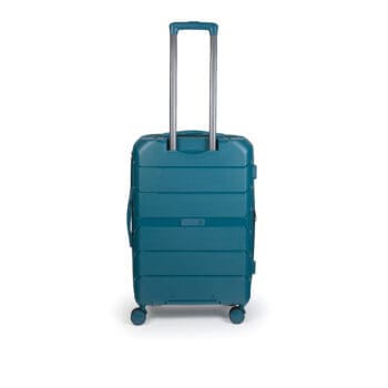 Πίσω πλευρά βαλίτσας μεσαία με tsa lock διπλά ροδάκια από πολυπροπυλένιο άθραυστο υλικό και επέκταση σε πετρόλ χρώμα