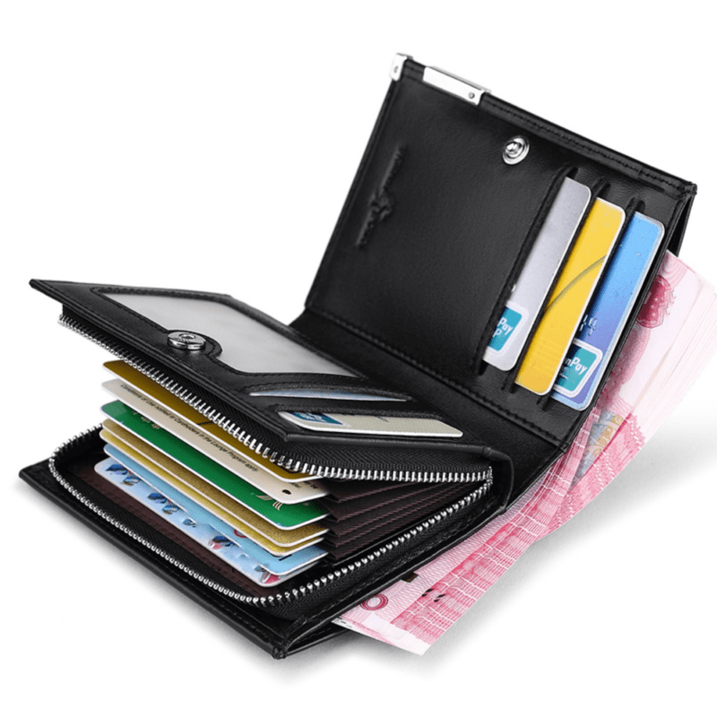 Δερμάτινο μαύρο πορτοφόλι με πολλαπλές θήκες για κάρτες και μετρητά .
