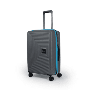 Βαλίτσα μεσαία με tsa lock διπλά ροδάκια από πολυπροπυλένιο άθραυστο υλικό και επέκταση σε γκρί χρώμα με γαλάζιες λωρίδες .