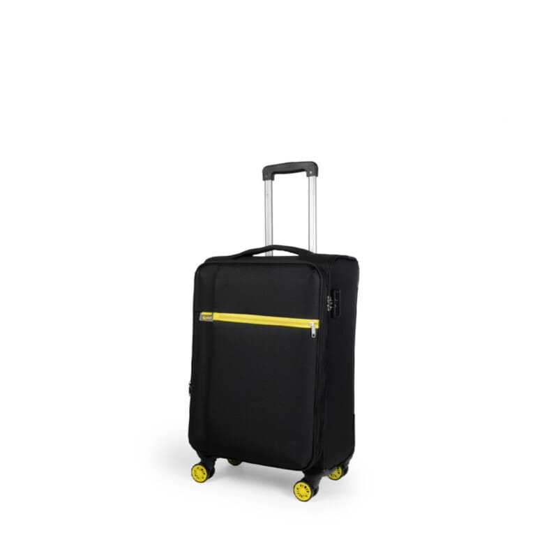 Βαλίτσα μικρή(καμπίνας) με διπλά ροδάκια , tsa lock από υφασμάτινο υλικό σε μαύρο με κίτρινες λεπτομέρειες , επεκτάσιμες .