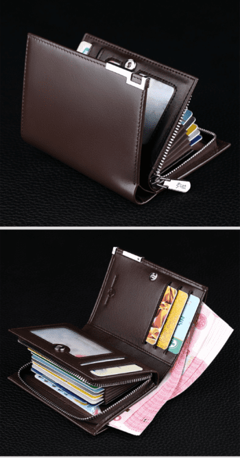 Δερμάτινο σκούρο καφέ πορτοφόλι με πολλαπλές θήκες για κάρτες και μετρητά .