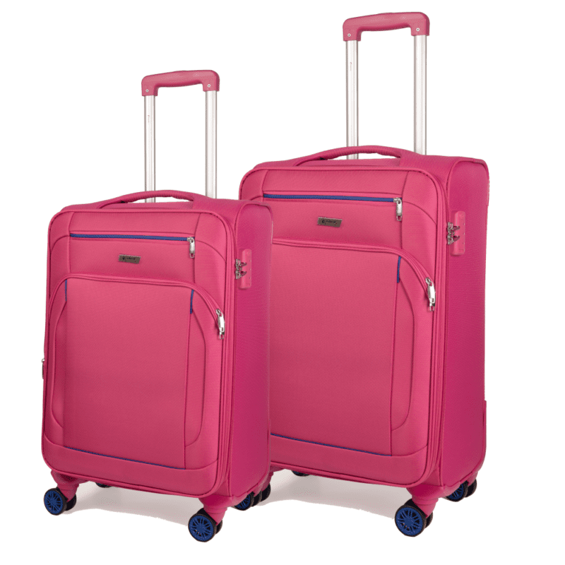 Βαλίτσες μεσαία , μεγάλη με διπλά ροδάκια , tsa lock από υφασμάτινο υλικό σε ροζ με εξωτερικά φερμουάρ , επεκτάσιμες .