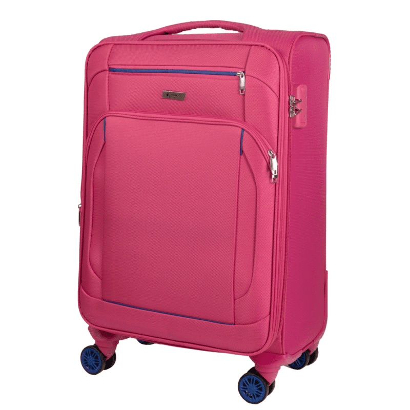 Βαλίτσα μεγάλη με διπλά ροδάκια , tsa lock από υφασμάτινο υλικό σε ροζ με εξωτερικά φερμουάρ , επεκτάσιμη .