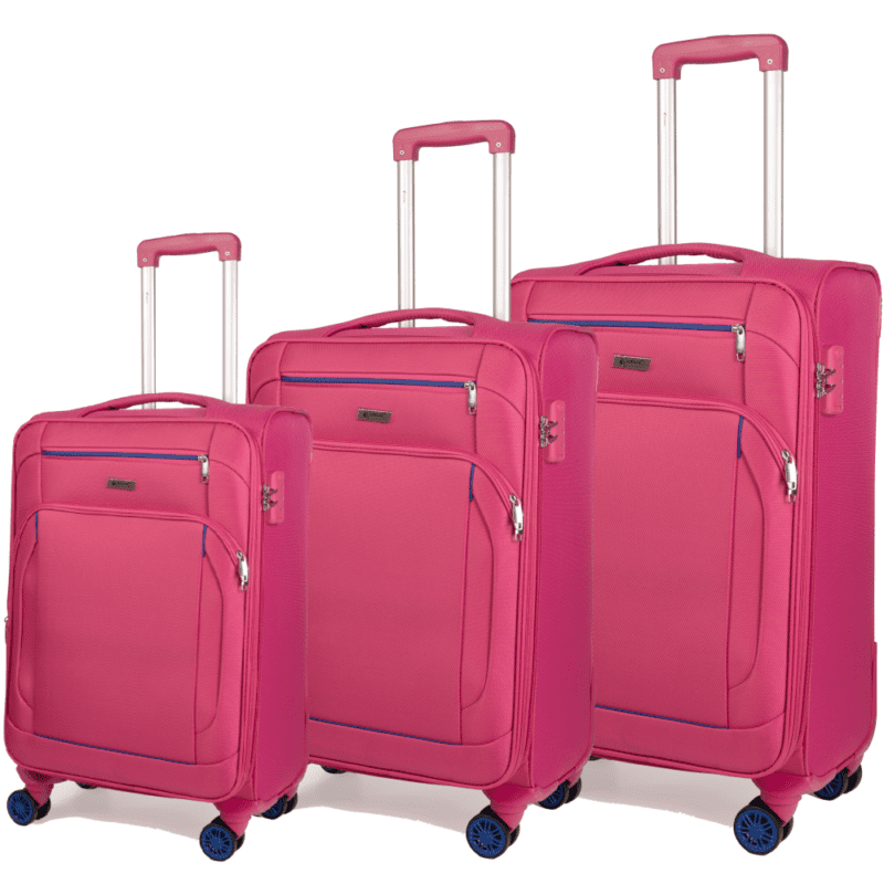 Βαλίτσες μικρή(καμπίνας) ,μεσαία , μεγάλη με διπλά ροδάκια , tsa lock από υφασμάτινο υλικό σε ροζ με εξωτερικά φερμουάρ , επεκτάσιμες .