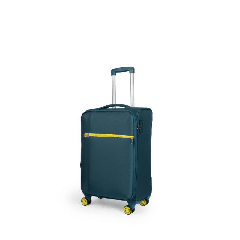 Βαλίτσα μικρή(καμπίνας) με διπλά ροδάκια , tsa lock από υφασμάτινο υλικό σε πετρόλ με κίτρινες λεπτομέρειες , επεκτάσιμες .