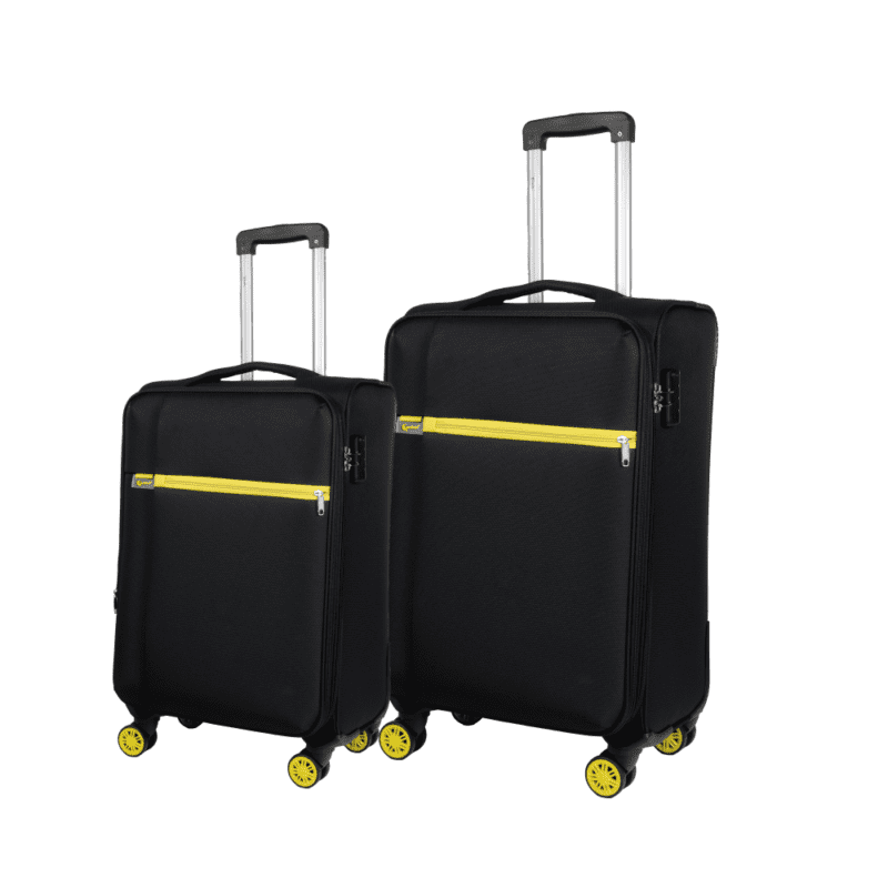 Βαλίτσες μικρή(καμπίνας) ,μεσαία με διπλά ροδάκια , tsa lock από υφασμάτινο υλικό σε μαύρο με κίτρινες λεπτομέρειες , επεκτάσιμες .