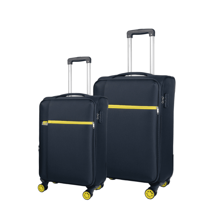 Βαλίτσες μικρή(καμπίνας) ,μεσαία με διπλά ροδάκια , tsa lock από υφασμάτινο υλικό σε σκούρο μπλε με κίτρινες λεπτομέρειες , επεκτάσιμες .