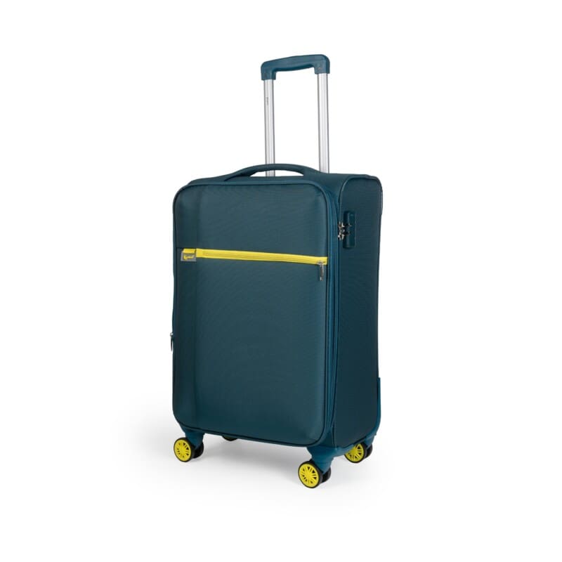 Βαλίτσα μεσαία με διπλά ροδάκια , tsa lock από υφασμάτινο υλικό σε πετρόλ με κίτρινες λεπτομέρειες , επεκτάσιμες .