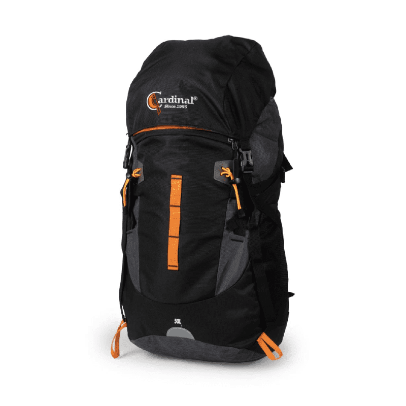 Σακίδιο πλάτης ορειβατικό μαύρο με πορτοκαλί λεπτομέρειες και αντανακλαστικά στοιχεία .