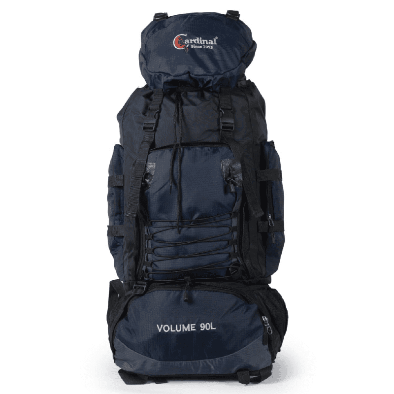 Σακίδιο πλάτης ορειβατικό σε σκούρο μπλε χρώμα με μαύρες λεπτομέρειες ιμάντες σφίξης και φερμουάρ 90 λίτρα .